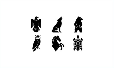 Black animal silhouette collection featuring eagle, sitting dog, bear, owl, horse, and turtle. Flat wildlife and domestic animal icons isolated on white background for graphic design use.