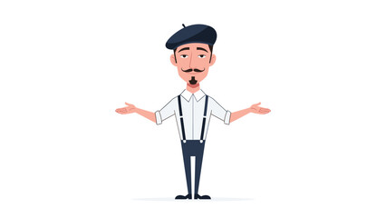 Obraz premium Cartoon of a classic French mime or artist with a mustache and beret, wearing suspenders and shrugging with open arms.