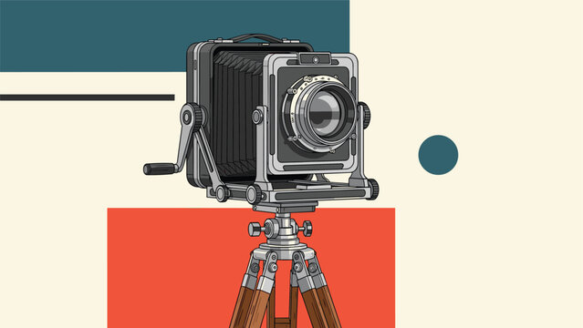Stylized retro illustration of a vintage large-format bellows camera on a wooden tripod against a geometric color block background.