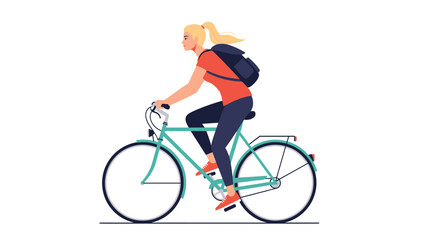 Obraz premium Young active woman with a blonde ponytail and a backpack riding a bicycle for transportation or exercise in a flat style.