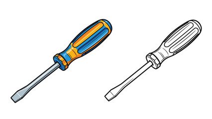 Fototapeta premium Flathead screwdriver tool for construction and repair, shown in both a colorful cartoon style and a black and white outline.