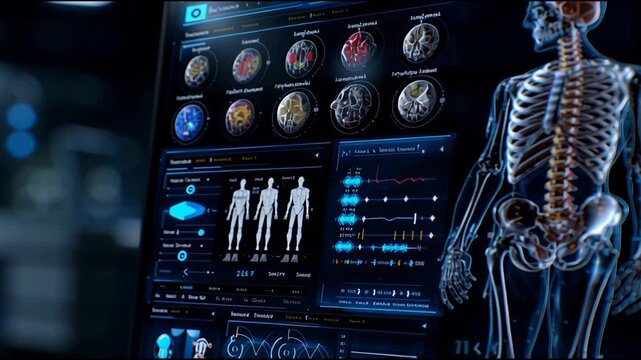 A computer monitor displays a skeleton and a man in blue. The skeleton is surrounded by a variety of other skeletons and the man is looking at the monitor