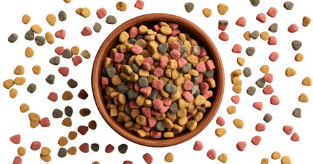 Top-down view of a round, terra-cotta colored bowl filled with small, multicolored kibble.  The kibble is scattered around the bowl, in various shades of tan, rose, and grey