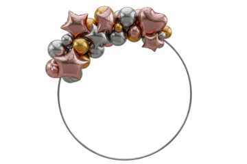 Round circle backdrop frame decorated with metallic balloons on a transparent background