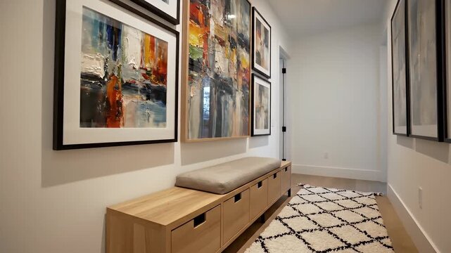 Modern hallway interior design art gallery wall decor bench seating luxury home architecture contemporary style real estate living space footage stock video