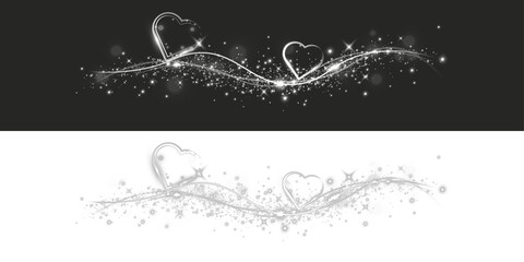 Obraz premium Light sparkling wave with glowing hearts and glitter particles on dark background.
