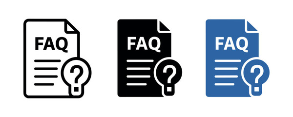 Faq document icons: monochrome and blue variations with question marks