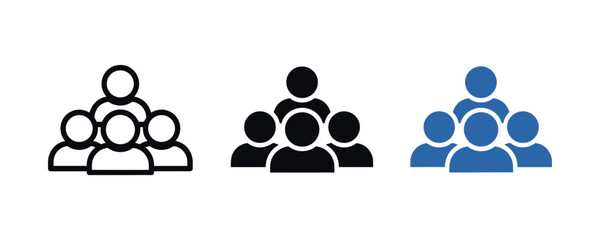 Group icon set in black and blue - three variations of teamwork symbols