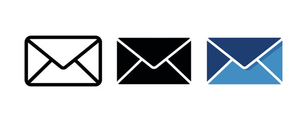 Three iconic envelopes in black, white, and blue variations