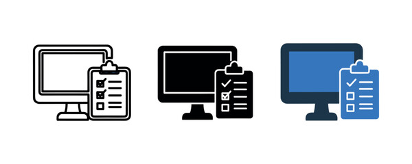 Computer icon set: desktop monitors with checklists in three styles