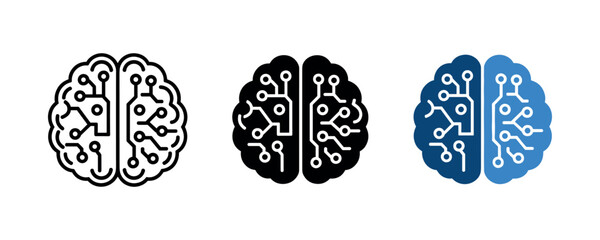 Circuit brain icons: black and blue neural network designs
