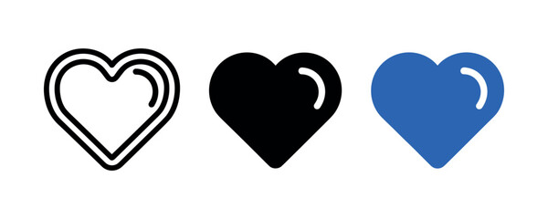 Set of heart icons in black outline, solid black, and blue styles
