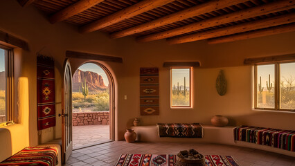 Sun-drenched desert adobe sanctuary, American Southwest. Featuring earthen walls, vigas, and an arched patio view of red rocks, cacti at sunset. Ideal for travel, spirituality, home decor, wellness,
