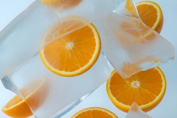 Fresh orange slices in frozen ice, refreshing oranges