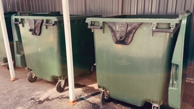 Dirty black green dumpsters on concrete inside metal shed under green supports exterior splattered with paint and mud, caster wheels stained, puddles and debris on rough floor closeup