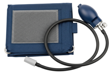 Blue medical blood pressure cuff monitor with rubber pump bulb on a transparent background