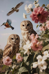 Owls on a branch with flowers.