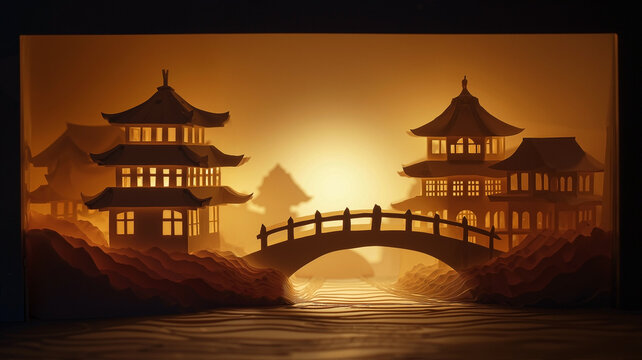 backlit paper shadow box featuring layered silhouette art of a Japanese pagoda and European cathedral connected by a bridge