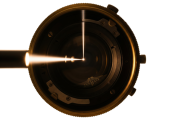 Camera lens aperture iris with light beam passing through the center on a transparent background