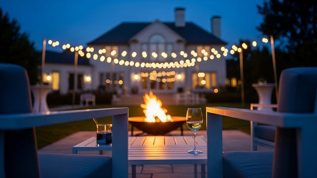 Cinematic luxury estate garden party setup at dusk. Sleek outdoor furniture, a glass of wine, glowing string lights, and a slow-motion fire pit define an elegant scene for upscale events and home...