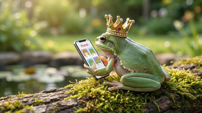 Charming frog prince wearing a golden crown, holding a smartphone with a dating app, perched on a mossy log by a pond in a sunlit garden, depicting modern romance.