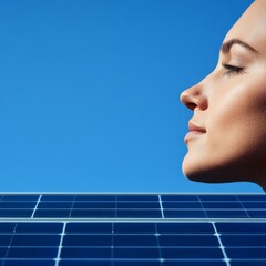 Woman's Serene Face with Solar Panel, Sky Backdrop, Sustainability , GreenEnergy