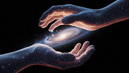 God-like celestial hands made of stardust release a vibrant new galaxy in the infinite cosmos. Ideal for sci-fi, spiritual, educational content, new beginnings, or fantasy book covers.