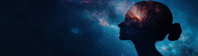 Woman's Silhouette Filled with Galaxy Cosmic Mind, Dreamscape , Space