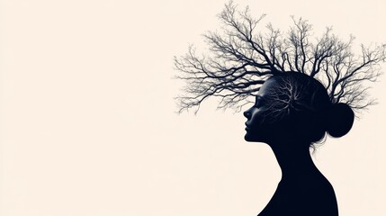 Woman's Silhouette with Tree Branches Growing From Head, Nature, Mind