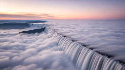 Ethereal cloud tsunami cascades over mountain peaks at sunset, creating a dreamlike, serene landscape with pink and purple hues. Perfect for nature, fantasy, meditation, travel,