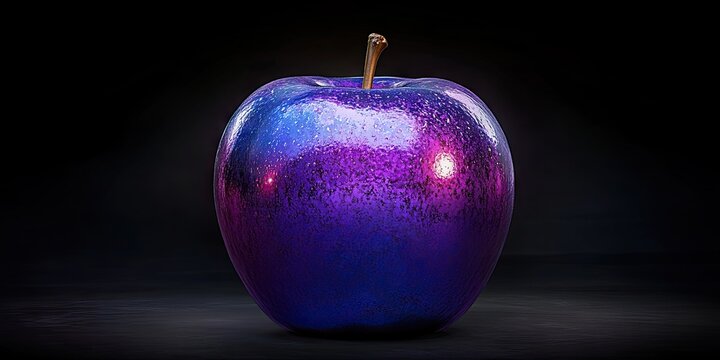 Glowing iridescent purple apple with rainbow reflections and misty purple smoke on dark background - Powered by Adobe