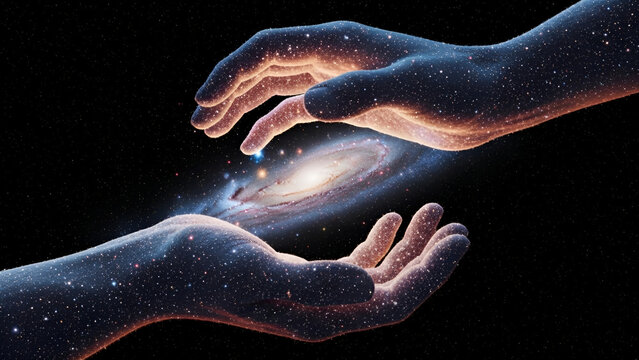God-like celestial hands made of stardust release a vibrant new galaxy in the infinite cosmos. Ideal for sci-fi, spiritual, educational content, new beginnings, or fantasy book covers.