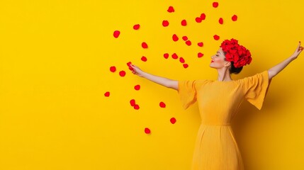 Yellow Dress Woman with Red Rose Petals, Fashion , Beauty