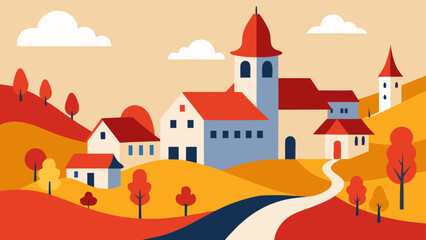 Fototapeta premium Illustration of a village in the autumn