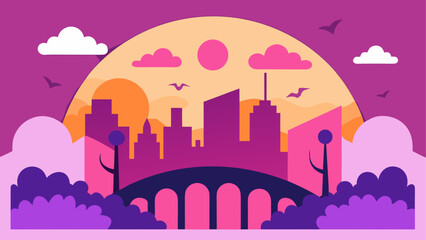 Cityscape silhouette with bridge and sun