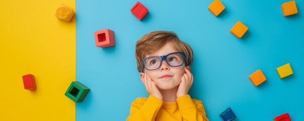Young Boy with Glasses Surrounded by Colorful Blocks, Thinking, Children, Education