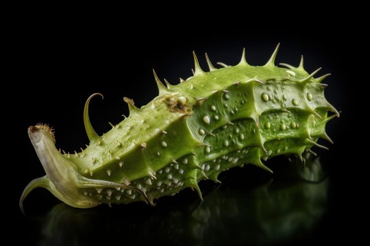 Green spiky datura seed pod on a black background creating a seahorse illusion
