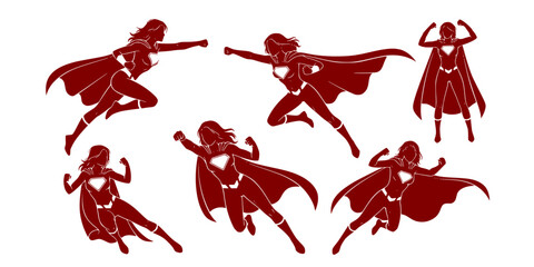 Vector Illustration Female Superhero Silhouette With Cape In Action Poses
