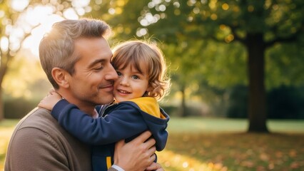 Man hugging son outdoors in a beautiful sunny park, representing family bonding and happy childhood moments for Fathers Day concept.