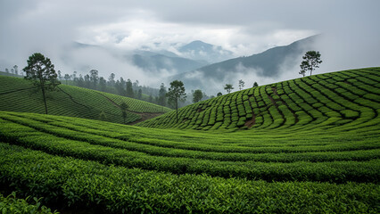 Fototapeta premium Lush tea plantation, India/Sri Lanka mountains. Eye-level tracking over manicured bushes, moody mist and green peaks. Ideal for travel blogs, tea brands, sustainable agriculture, wellness content,