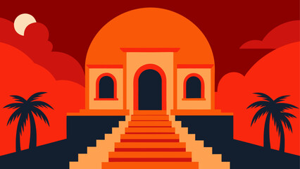 Orange building with palm trees and stairs