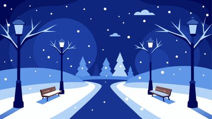 Fototapeta premium Winter night park scene with snow falling