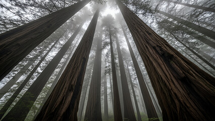 Towering redwood trunks from below, slow tracking motion through a foggy, ancient rainforest. Soft, cool light emphasizes bark texture, ideal for nature documentaries, environmental campaigns,