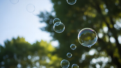 Nostalgic, dreamy low-angle view of iridescent soap bubbles against a summer sky in a grassy meadow. Ideal for family, wellness, childhood themes, or summer campaign visuals, evoking soft memories.