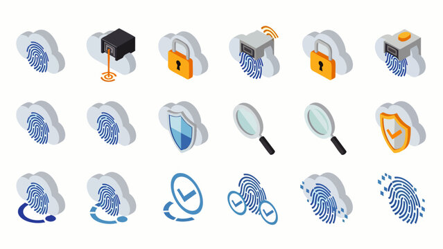 Isometric cloud security, data protection, and biometric identification icon set. Digital privacy, network safety, and secure data management solutions.