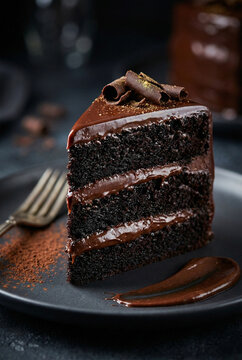 Luxurious Triple Layer Chocolate Cake Slice with Ganache and Gold-Dusted Curls on Dark Plate