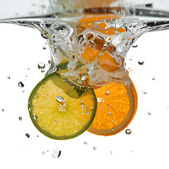 photograph of fresh citrus slices falling into clear water