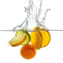 photograph of fresh citrus slices falling into clear water