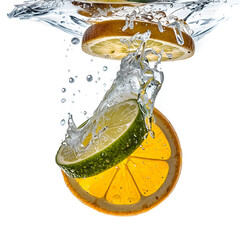 photograph of fresh citrus slices falling into clear water