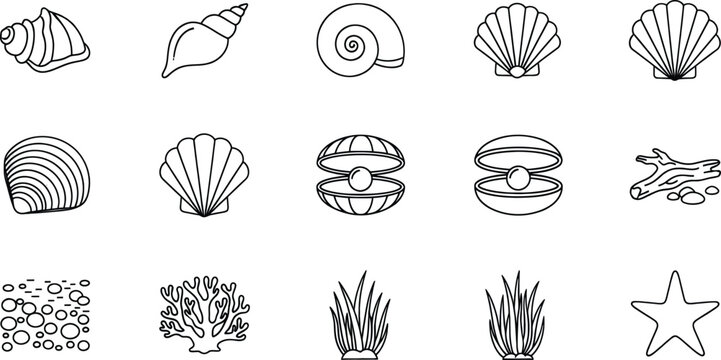A collection of marine and beach themed outline icons on a white background